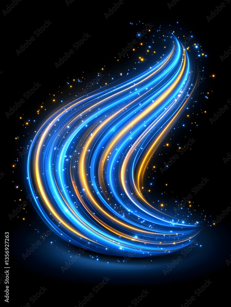 Fototapeta premium Abstract glowing blue and gold light streaks on black background