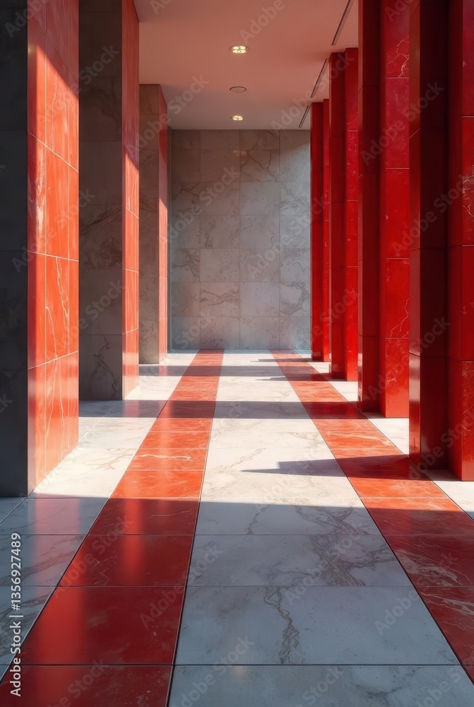 Fototapeta premium Sunlit Corridor with Red and White Marble Tiles and Pillars