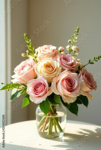 Wallpaper Mural A delicate bouquet of pastel roses arranged in a clear glass vase, bathed in soft sunlight, creating a serene and elegant display. Torontodigital.ca