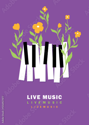 Flowers sprouting through piano keys, poster music fest
