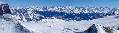 Panoramic aerial view of Glacier 3000 with alpine peaks and the suspended Peak Walk bridge in Switzerland, offering breathtaking views of the surrounding Alps.