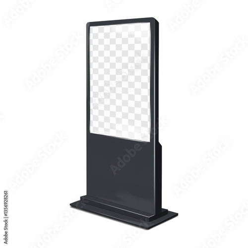LCD computer monitor TV stand. 3d mockup. Video digital display billboard banner or interactive touch screen self-service kiosk on black metal base. Realistic vector mock-up. Easy editable template
