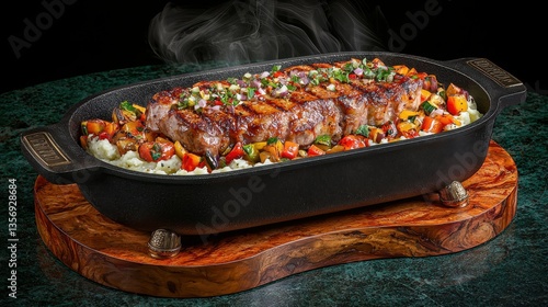 Golden-brown steak with steam, resting on roasted vegetables and creamy mashed potatoes in a sleek black serving dish