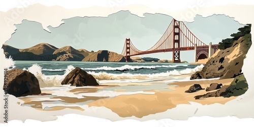 The iconic Golden Gate Bridge is viewed from a beach