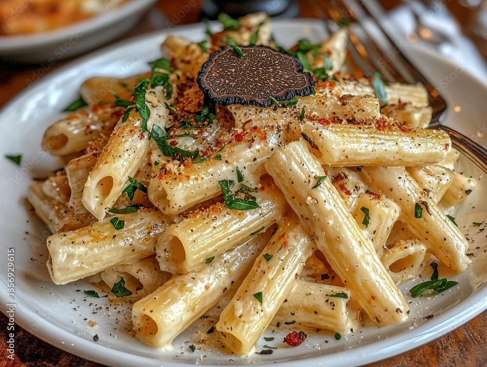 Creamy Penne Alla Vodka Deliciously Topped with Black Truffle Shavings and Fresh Parsley on a Pristine White Plate