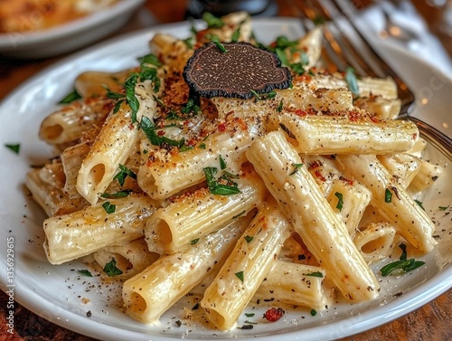 Obraz na płótnie Creamy Penne Alla Vodka Deliciously Topped with Black Truffle Shavings and Fresh Parsley on a Pristine White Plate w salonie