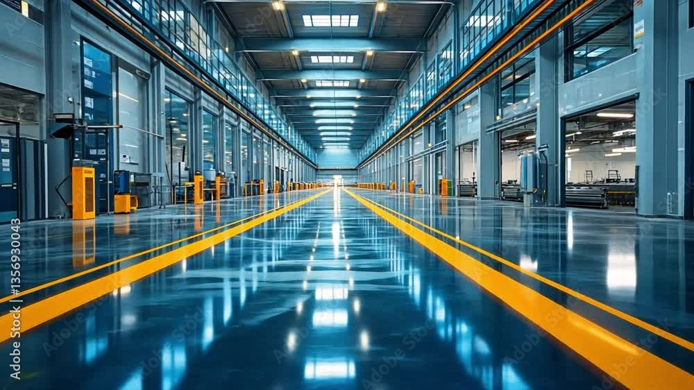 Industrial Corridor: A striking perspective of an industrial space, featuring a polished, reflective floor that mirrors the overhead lighting and the structure's architectural design. Industrial Corridor: A striking perspective of an industrial space, featuring a polished, reflective floor that mirrors the overhead lighting and the structure's architectural design.