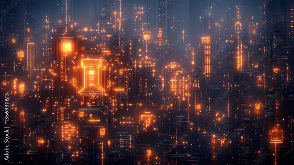 Naklejka premium Glowing futuristic city skyline dramatically lit with warm orange hues. AI Generated