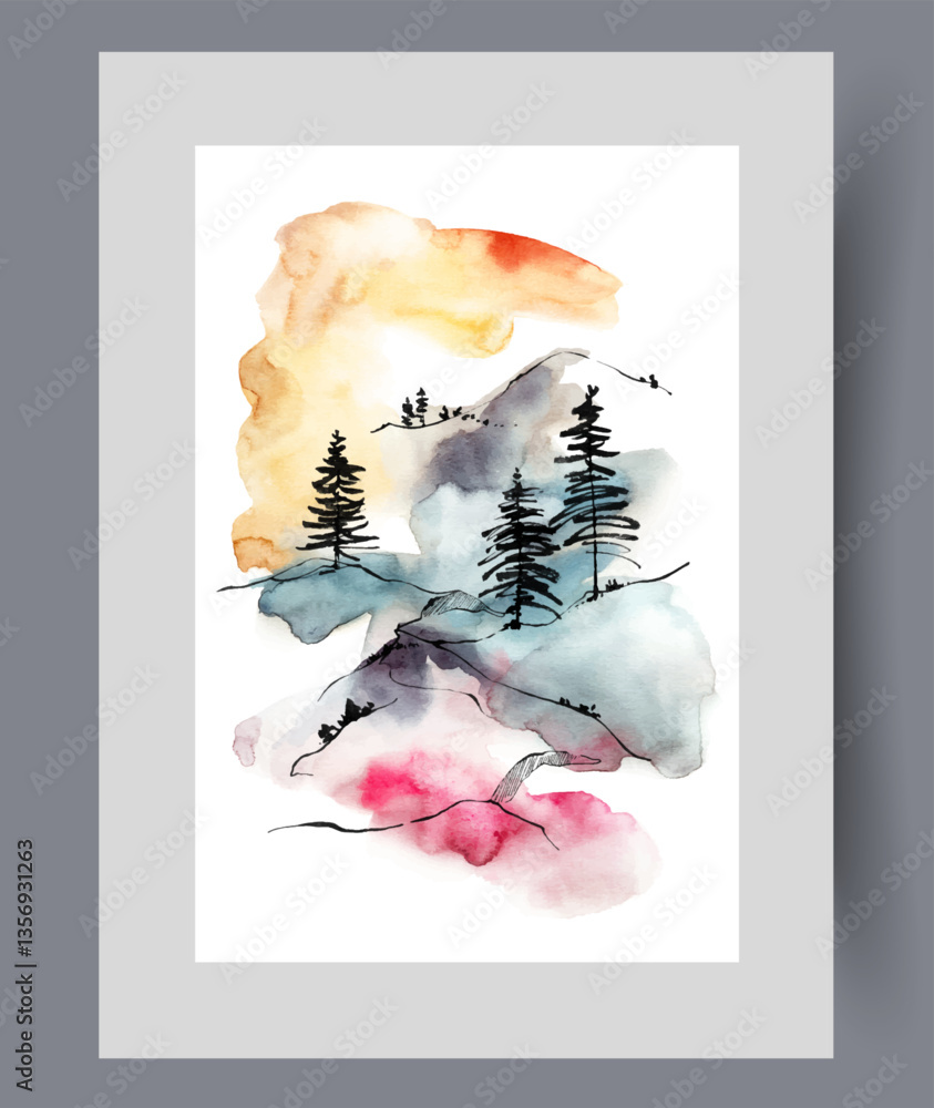 Landscape with sunset over rolling hills with rare pine trees growing in national reserve. Watercolor poster with beautiful nature and orange sky over reserve designed to preserve diversity of flora