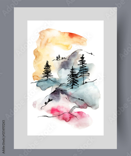 Obraz na płótnie Landscape with sunset over rolling hills with rare pine trees growing in national reserve. Watercolor poster with beautiful nature and orange sky over reserve designed to preserve diversity of flora w salonie