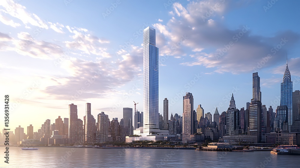 Naklejka premium Tall modern skyscraper piercing through city skyline and clouds image