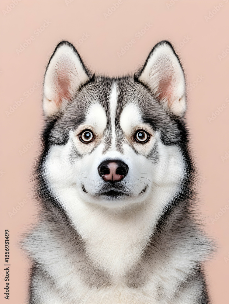 Obraz premium Adorable husky dog portrait against a pale pink background
