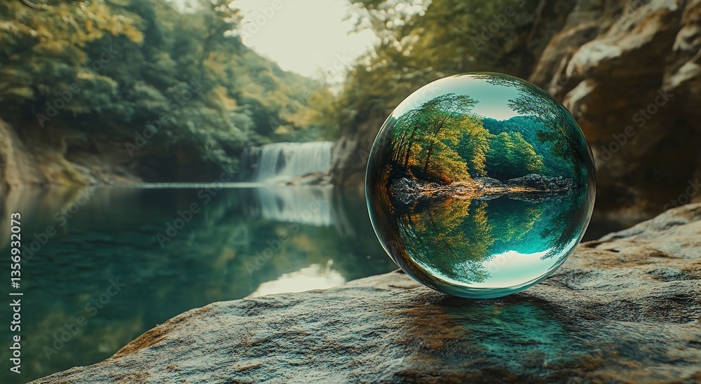 Fototapeta premium A glass ball resting on a rock, with a reflection of a forest and river. The color theme is green, blue, black, and white. The image is photo-realistic, with high resolution and high definition.