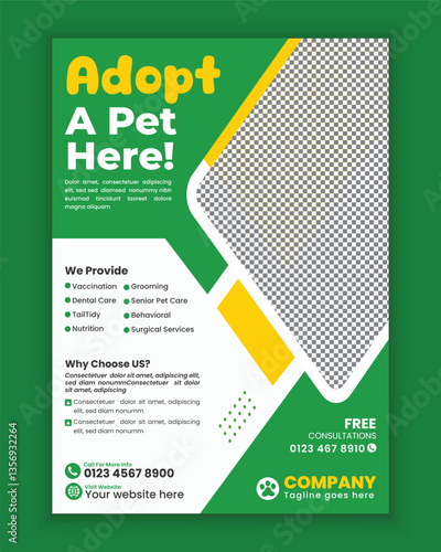 Pet shop flyer design or pet care and grooming salon poster template Pet adopt leaflet design