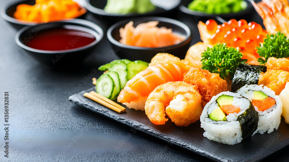 Assorted sushi, tempura shrimp, and various garnishes arranged on a dark slate platter Assorted sushi, tempura shrimp, and various garnishes arranged on a dark slate platter