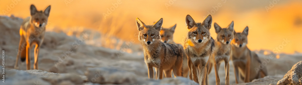 Naklejka premium Jackal family standing in front of the camera in the rocky plains with setting sun. Group of wild animals in nature. Horizontal, banner.
