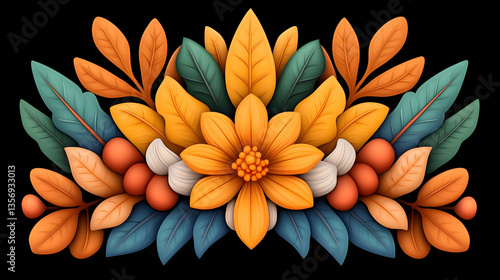 Wallpaper Mural Autumnal floral arrangement with orange, teal, and brown leaves and berries Torontodigital.ca