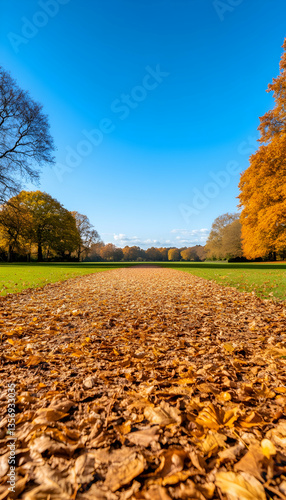 Autumnal path lined with fallen leaves leading to a park under a vibrant blue sky