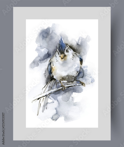Lark bird sits on tree branch under dark cloudy sky on print. Watercolor poster. Artwork with beautifully colored lark bird looking for food at night, in frame with decor for wall art