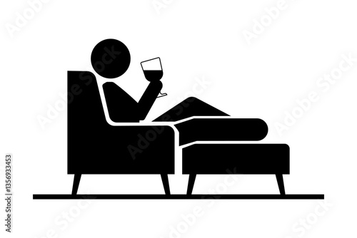 Silhouette of stickman lying down relaxing on the sofa while holding a glass.