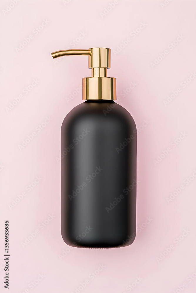 Obraz premium Black matte soap dispenser with gold pump on pink background