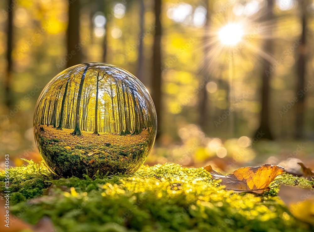 A glass sphere containing a forest scene, sitting on mossy ground in an autumnal woodland. Close-up, macro photography, detailed, high resolution, vibrant, natural lighting, bokeh effect, professional A glass sphere containing a forest scene, sitting on mossy ground in an autumnal woodland. Close-up, macro photography, detailed, high resolution, vibrant, natural lighting, bokeh effect, professional