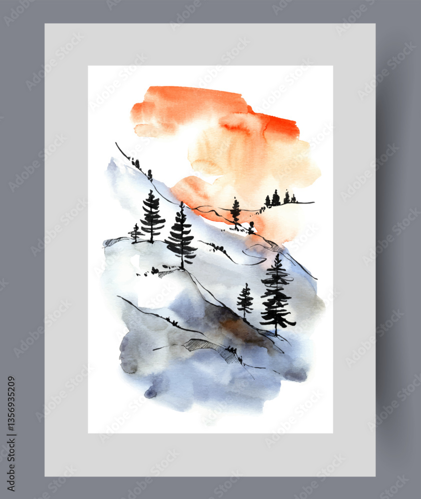 Evening landscape with rare coniferous trees and pines growing on mountain slopes, under sunset sky. Beautiful northern nature with sunset, over landscape of national park for tourists on hike