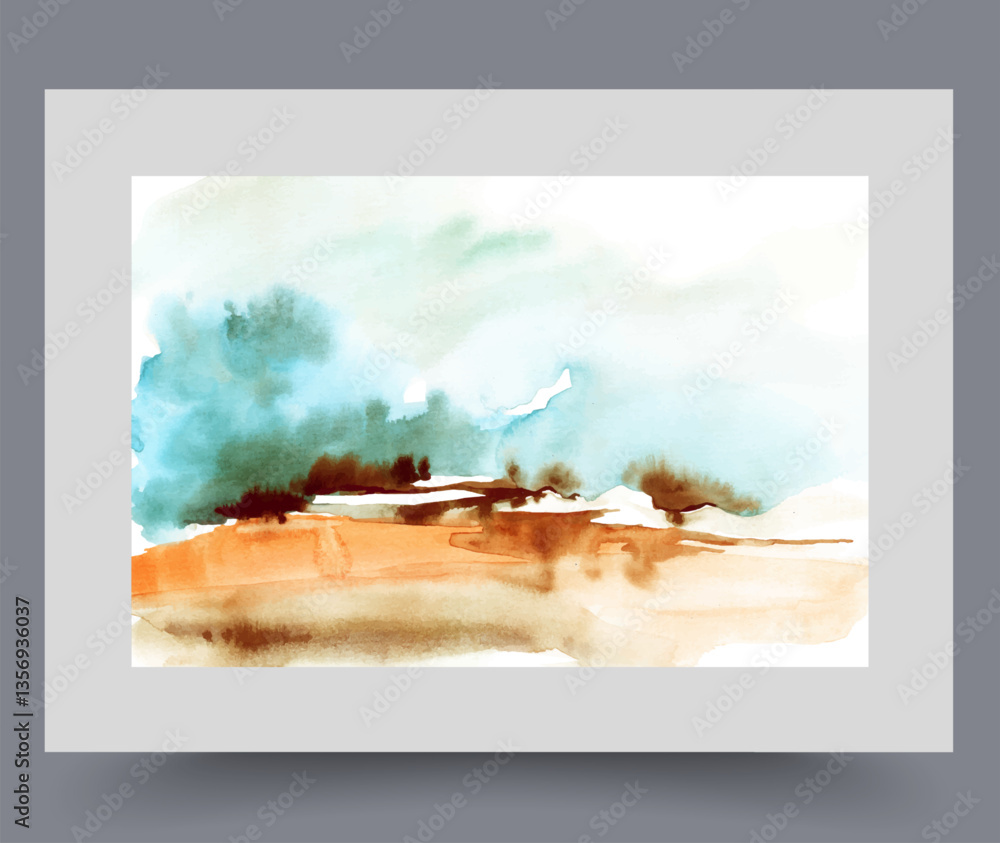 Minimalistic landscape with trees on horizon and lake in foreground, in summer weather. Polluted watercolour river with brown water flows along coast with place for camping and summer weekend.