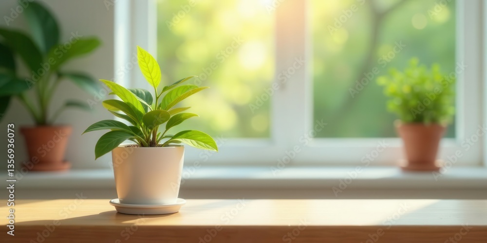 A vibrant green plant in a white pot sits on a sunlit wooden surface, near a bright window with an out-of-focus leafy background A vibrant green plant in a white pot sits on a sunlit wooden surface, near a bright window with an out-of-focus leafy background