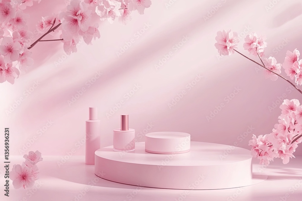 Soft pink floral display with cosmetic products Soft pink floral display with cosmetic products