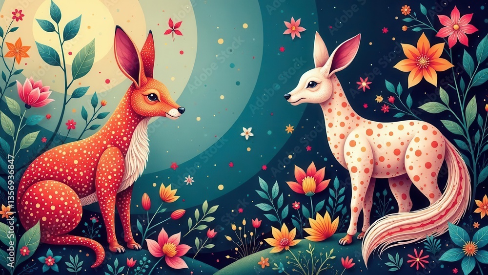 Naklejka premium Enchanted Forest Creatures Two Spotted Deer Adorned with Vibrant Floral Accents in a Mystical Night Setting
