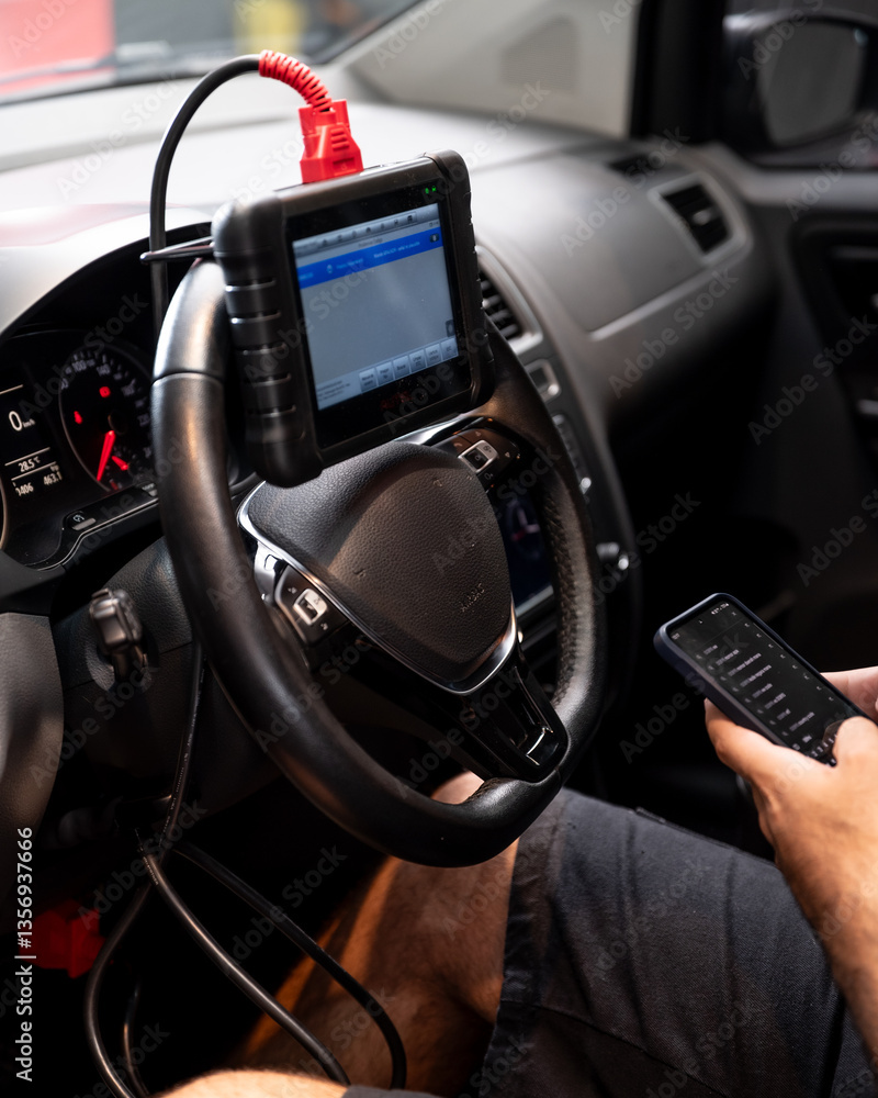 Un técnico automotriz utilizando una herramienta de diagnóstico montada en el volante dentro del interior moderno de un automóvil, realizando pruebas de sistemas del vehículo Un técnico automotriz utilizando una herramienta de diagnóstico montada en el volante dentro del interior moderno de un automóvil, realizando pruebas de sistemas del vehículo