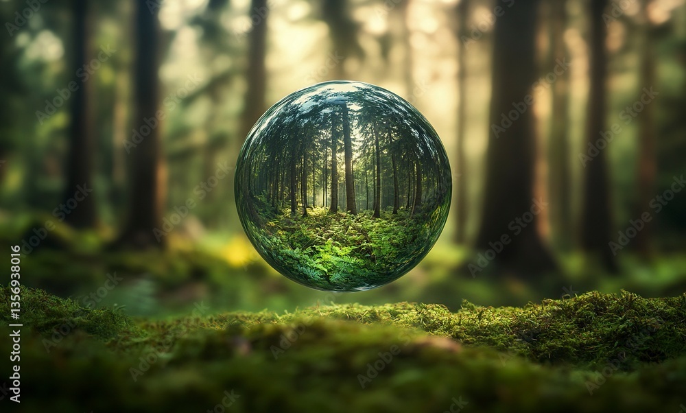 A glass sphere floating in the air, reflecting an ancient forest with towering trees and lush green foliage. The Earth is visible inside it, with its various continents scattered across the surface. A glass sphere floating in the air, reflecting an ancient forest with towering trees and lush green foliage. The Earth is visible inside it, with its various continents scattered across the surface.