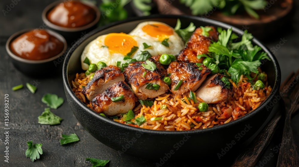 A mouthwatering chicken rice bowl featuring grilled chicken, sunny-side-up eggs, and vibrant greens, showcasing an appealing and hearty meal for food lovers. A mouthwatering chicken rice bowl featuring grilled chicken, sunny-side-up eggs, and vibrant greens, showcasing an appealing and hearty meal for food lovers.