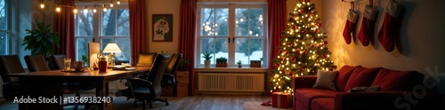 A cozy office space decorated with Christmas lights, stockings, and a festive tree, perfect for virtual holiday meetings,  lights,  seasonal