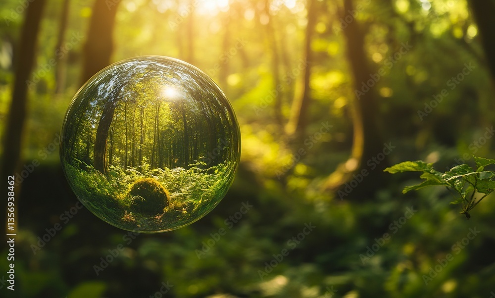 A glass sphere floating in the air, reflecting an ancient forest with towering trees and lush green foliage. The Earth is visible inside it, with its various continents scattered across the surface. A glass sphere floating in the air, reflecting an ancient forest with towering trees and lush green foliage. The Earth is visible inside it, with its various continents scattered across the surface.