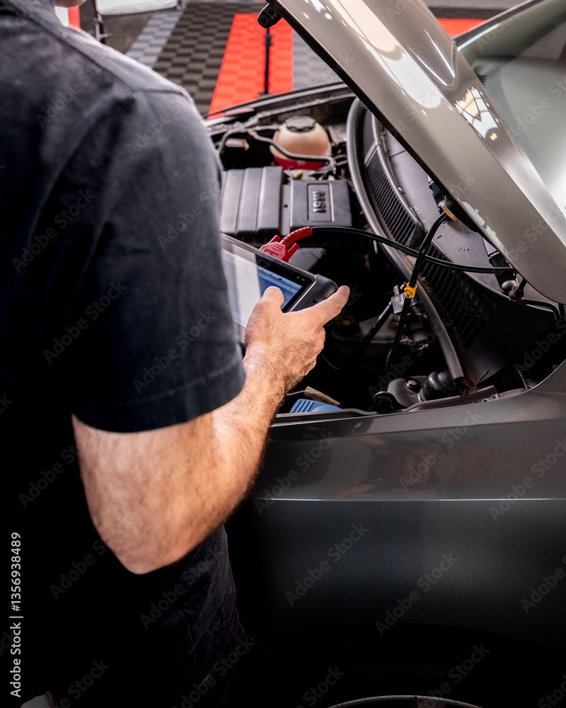 Un escáner de diagnóstico automotriz de diseño moderno conectado a un vehículo mediante un cable, mostrando una pantalla con datos técnicos. La imagen resalta una herramienta esencial en el mantenimie Un escáner de diagnóstico automotriz de diseño moderno conectado a un vehículo mediante un cable, mostrando una pantalla con datos técnicos. La imagen resalta una herramienta esencial en el mantenimie