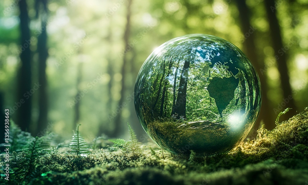A glass sphere floating in the air, reflecting an ancient forest with towering trees and lush green foliage. The Earth is visible inside it, with its various continents scattered across the surface. A glass sphere floating in the air, reflecting an ancient forest with towering trees and lush green foliage. The Earth is visible inside it, with its various continents scattered across the surface.