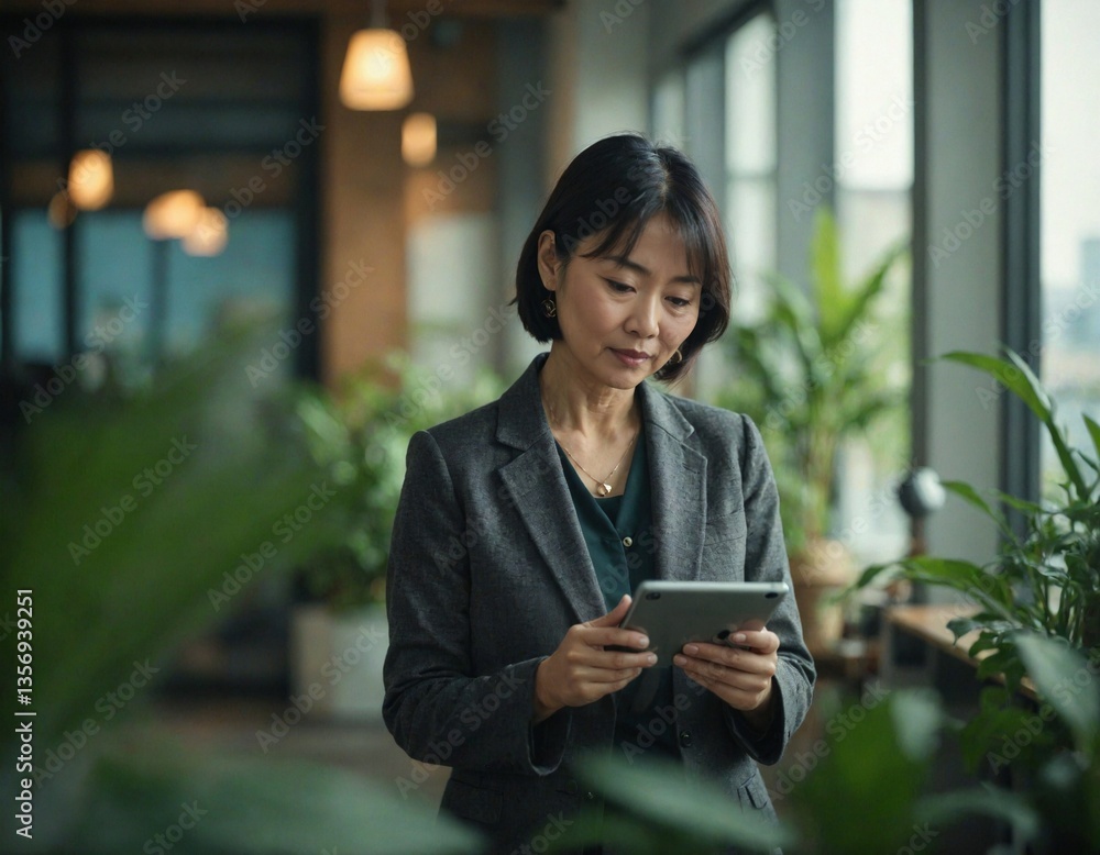 Fototapeta premium Elegant Japanese woman interacting with a tablet in a bright, plant-filled space, showcasing a modern connected lifestyle and the seamless integration of technology