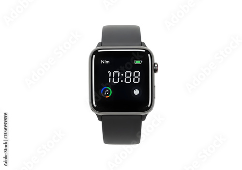 Stylish Smartwatch Displaying Time and Music Icon on Screen with Battery Indicator in Sleek Design for Modern Tech Enthusiasts