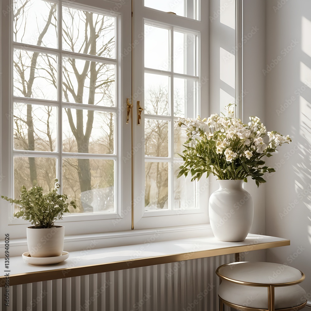Sunlit Window Sill with Flowers and Plants Sunlit Window Sill with Flowers and Plants