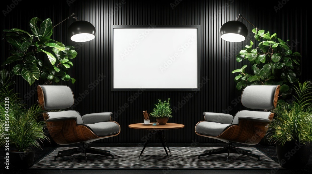 Modern waiting area, empty frame, plants, dark room Modern waiting area, empty frame, plants, dark room