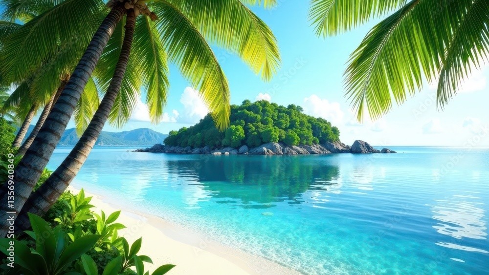 Serene tropical island beach scene with palm trees, turquoise water, and pristine white sand, perfect for a relaxing vacation Serene tropical island beach scene with palm trees, turquoise water, and pristine white sand, perfect for a relaxing vacation