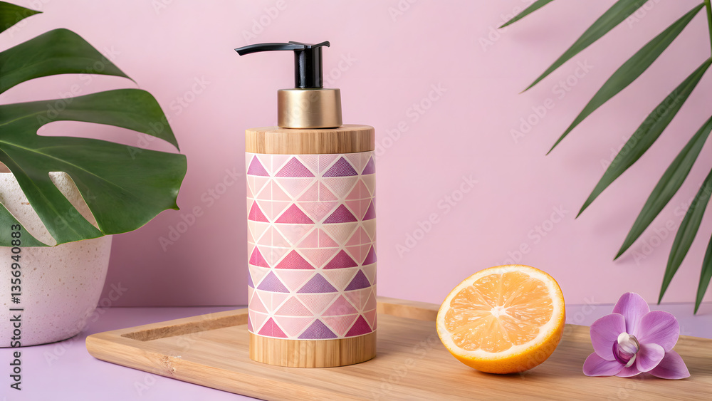 hand lotion housed in a bamboo container with peaches and pastel colors background hand lotion housed in a bamboo container with peaches and pastel colors background