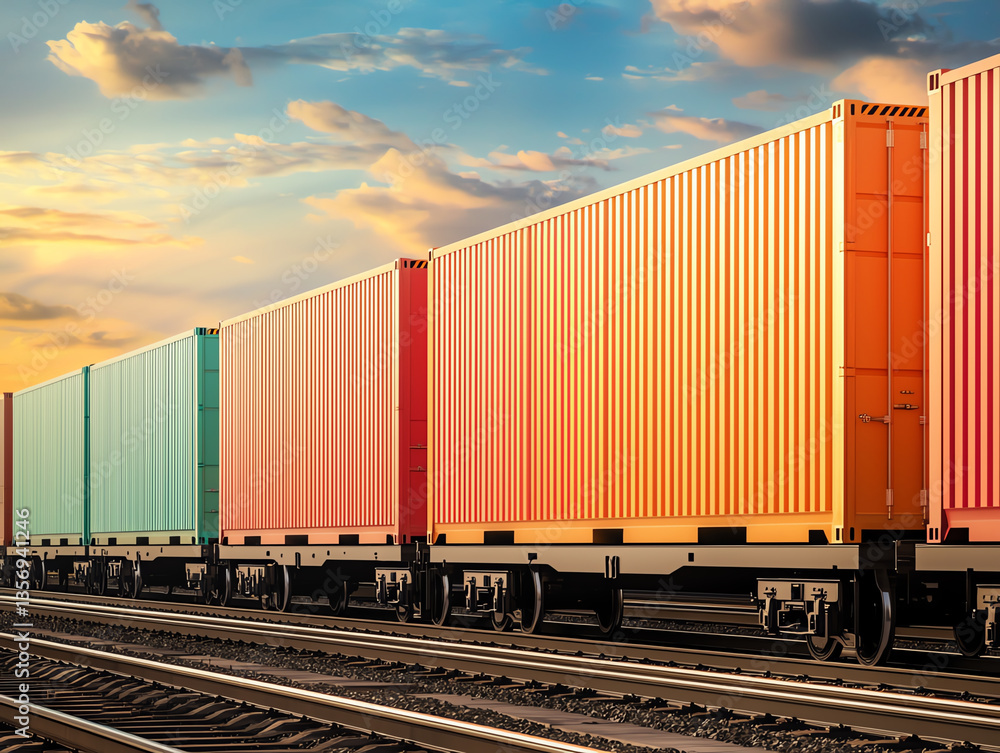 Colorful shipping containers lined up railway tracks symbolize logistics and transportation while promoting sustainability Colorful shipping containers lined up railway tracks symbolize logistics and transportation while promoting sustainability