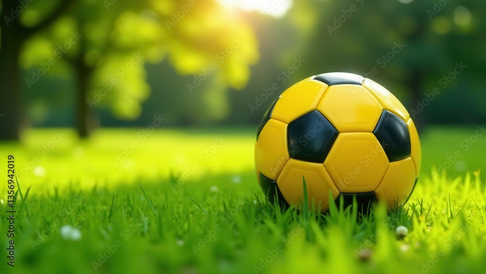 Fototapeta premium A vibrant yellow soccer ball rests peacefully on a lush green lawn, bathed in the warm glow of sunlight filtering through the trees.