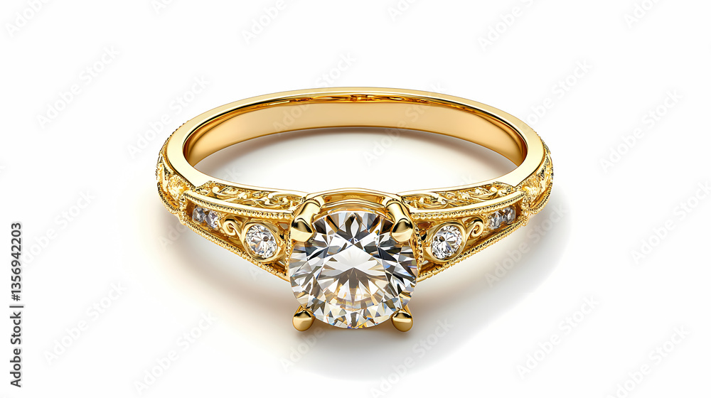 Golden Ring's Gleam: Captivating close-up of a radiant gold ring, meticulously crafted with intricate detailing and adorned with a sparkling diamond center stone. Golden Ring's Gleam: Captivating close-up of a radiant gold ring, meticulously crafted with intricate detailing and adorned with a sparkling diamond center stone.