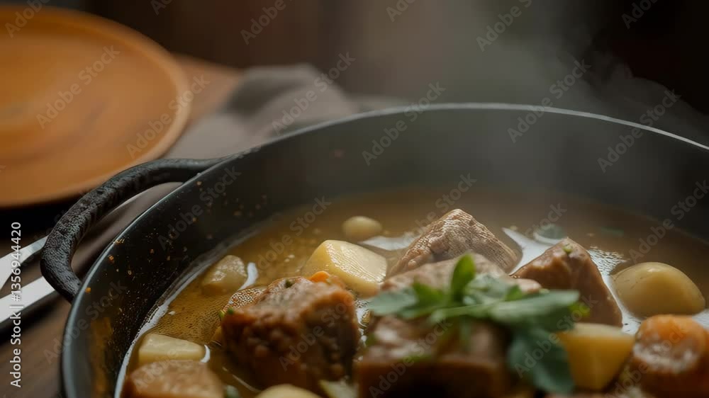 Steaming Hot Beef Stew in Cast Iron Pot with Potatoes and Carrots Steaming Hot Beef Stew in Cast Iron Pot with Potatoes and Carrots