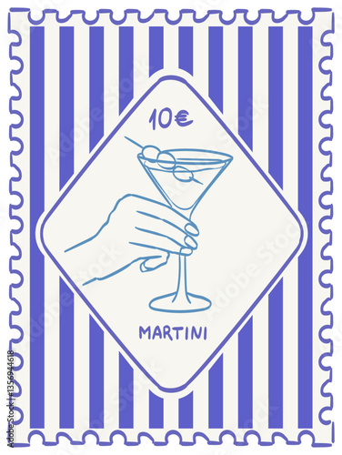 Vintage stamp or sticker print, wall art vector travel postcard, summer engraving placard or poster. Retro frame or border element design. Hand hold martini cocktail with olive. Beach party invitation