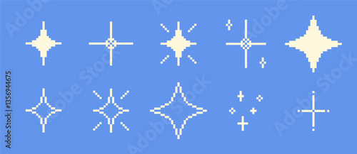 Pixel art sparkles. Retro night pixelated sparkling elements. Yellow and gold star and glitter games. Vector 8-bit retro style sparkle set illustration.Pixel art glowing star shapes on dark background